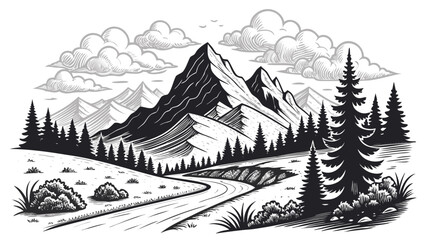Naklejka premium Black and white mountain landscape scene.