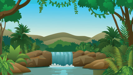 illustrated jungle landscape with waterfall and lush vegetation © PUNNABEGUM