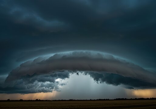 Intense rotating storm clouds dominating the horizon, dark and ominous atmospheric turbulence signaling severe weather approaching quickly, front, atmosphere, vortex