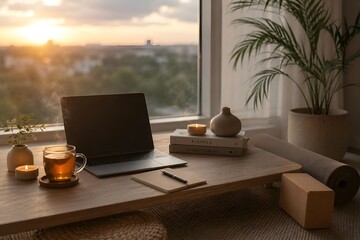 Fototapeta premium Cozy home office setup with a laptop, tea, and candles by the window at sunset