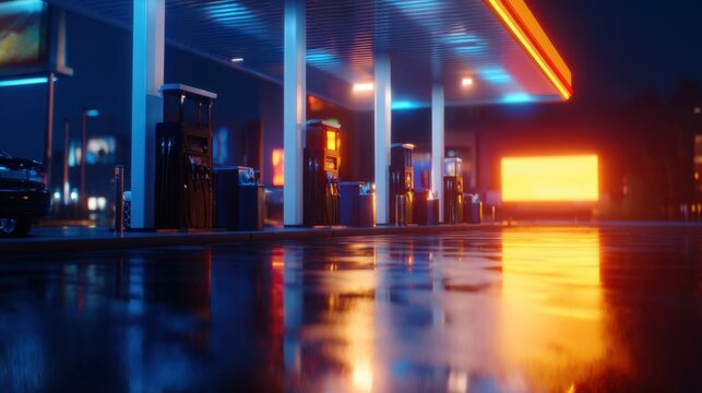 A night scene of a gas station illuminated by colorful lights reflecting on wet pavement