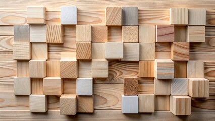 Fototapeta premium Abstract Wooden Cube Arrangement on Natural Wood Background A Textured Composition of Light and Dark Wood Blocks
