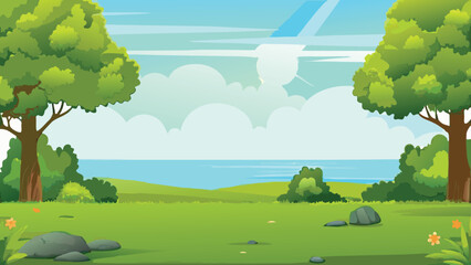 cartoon landscape with trees and ocean view © PUNNABEGUM