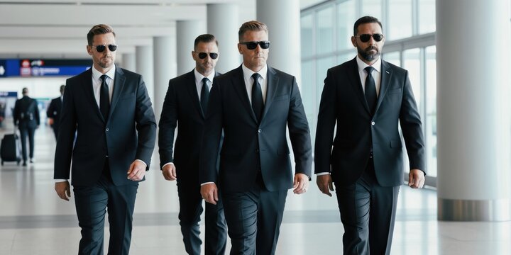 Four men in black suits and sunglasses walk in airport hallway. They are bodyguards protecting someone. They are alert and focused on their duty.