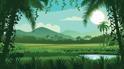 tropical landscape illustration with mountains and lush vegetation © PUNNABEGUM