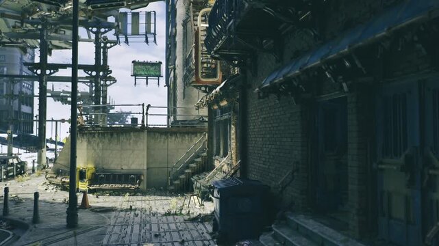weathered service entrance under metal awning with pipes and gutter, shaded stoop and textured brick, utilitarian backlot mood ready for maintenance scenes