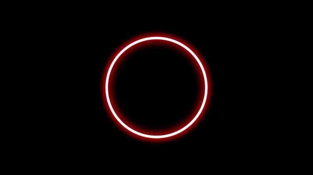 neon red circular light flickering animation for video overlays. glowing red neon ring flicker effect for futuristic visuals. flickering neon red circle animation on dark background.