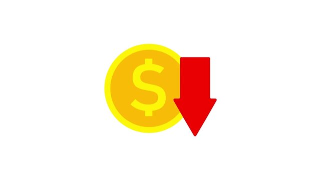 Abstract decrease icon on transparent background, white background, green screen. Dollar rate up to down looped icon. Reduce costs sign and symbol.