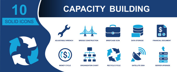 Capacity building icon set. Containing adjustable wrench, bridge, briefcase, data storage, invoice, money cycle, org chart, recycle cycle, satellite and more. Solid fill vector icons. © Asad