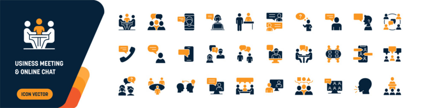Business Meeting and Online Chat Icon Set for Communication and Collaboration. Editable Vector Solid Illustration