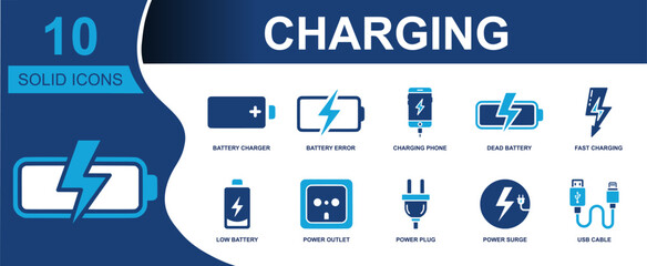 Charging icon set. Containing battery charger, battery error, charging phone, dead battery, fast charging, low battery, power outlet, power plug, USB cable and more. Solid fill vector icons. © Asad