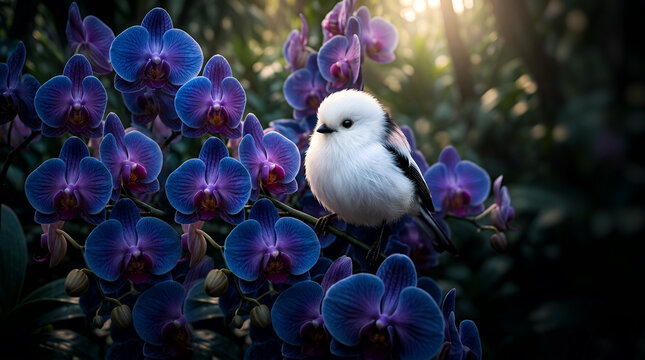 高級感のある青と紫の胡蝶蘭に止まる可愛いシマエナガ(コピースペース)/
Cute Shima-enaga bird perched on luxury blue and purple orchid flowers,sophisticated dark moody background(copy space)