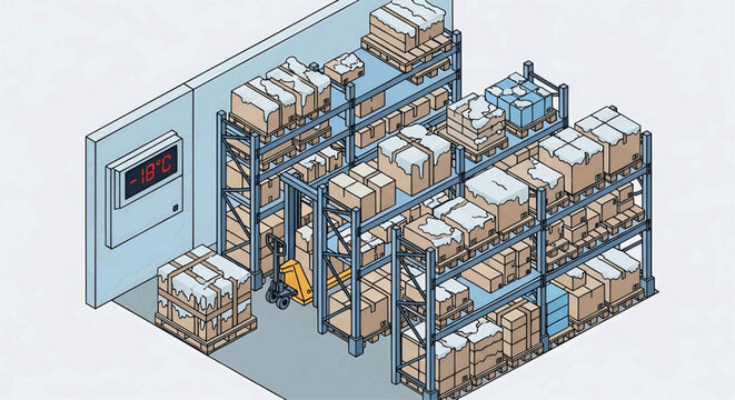 Isometric illustration of an organized industrial warehouse, packed with diverse goods on shelving racks, a forklift, and a temperature display for efficient storage and logistics
