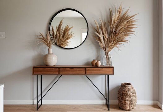 Wooden console table with a large round mirror and pampas grass vases