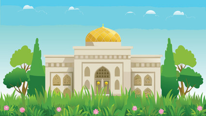 Stylized illustration of a palace with golden dome and landscape © PUNNABEGUM