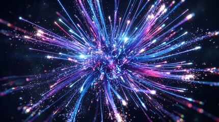Fototapeta premium Cosmic Burst: A vibrant explosion of ethereal light trails and glowing particles, resembling a cosmic event or a spectacular firework display in deep space.
