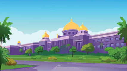 Stylized illustration of a palace with golden domes and lush greenery © PUNNABEGUM