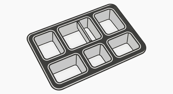 Simple black and white vector illustration of a compartmentalized food tray, featuring multiple divided sections for serving meals in a cafeteria or institutional setting
