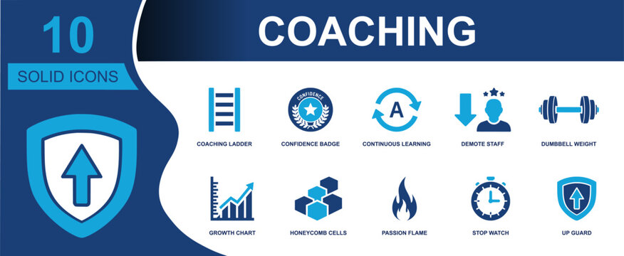Coaching icon set. Containing ladder, confidence badge, continuous learning, staff demotion, dumbbell, growth chart, honeycomb, passion flame, stopwatch and more. Solid fill vector icons.