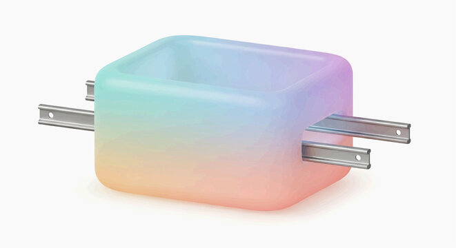 A translucent square container with a gradient of pastel colors, featuring two parallel metal rails extending from its sides
