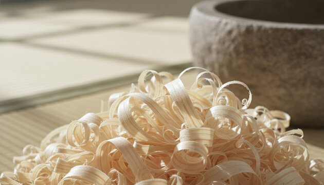 Japanese Hinoki cypress wood shavings curled wooden ribbons macro