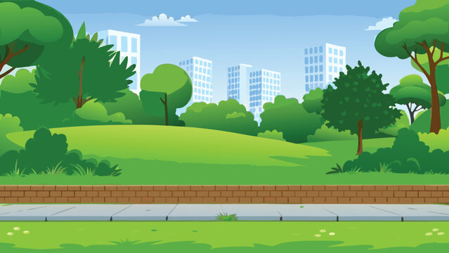 city park landscape with green trees and buildings illustration