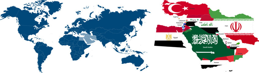 Fototapeta premium Middle East detailed territories. Map of the Middle East with a country flags. Vector