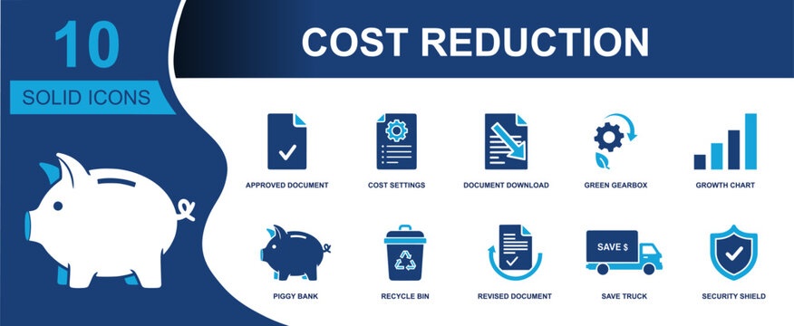Cost reduction icon set. Containing approved file, cost settings, document download, gearbox, growth chart, piggy bank, recycle bin, save truck, shield and more. Solid fill vector icons.