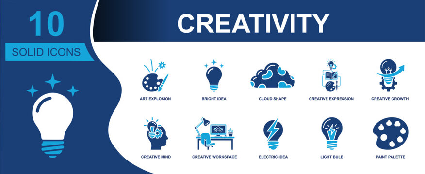 Creativity icon set. Containing art burst, bright idea, cloud shape, expression, creative growth, creative mind, workspace, electric idea, paint palette and more. Solid fill vector icons.