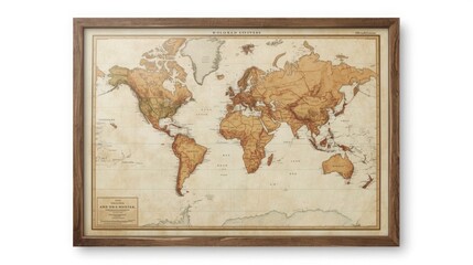 Naklejka premium Vintage World Map Poster with Intricate Details in Antique Wooden Frame on Wall