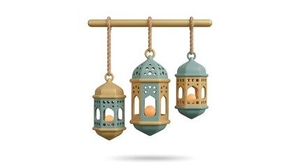 Obraz premium Three 3D Arabic Ramadan lanterns hanging from pole on white background high resolution 3D render