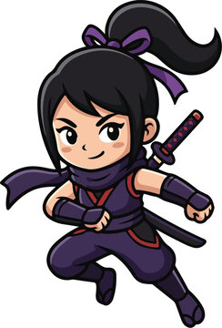 Female ninja character vector, kunoichi cartoon illustration, purple ninja girl in fighting pose, cute chibi warrior with katana sword, martial arts character design, Japanese spy assassin mascot