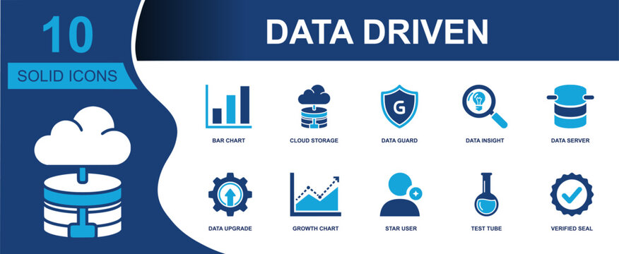 Data driven icon set. Containing bar chart, cloud storage, data guard, data insight, data server, data upgrade, growth chart, star user, test tube and more. Solid fill vector icons.