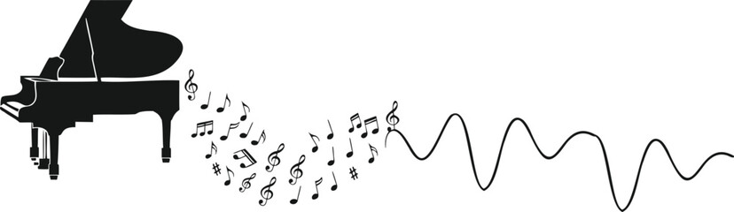 Grand piano silhouette with musical notes and EKG heart rhythm wave. © Sadhin