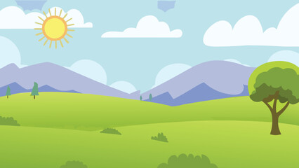 Fototapeta premium cartoon landscape with mountains sun and green fields