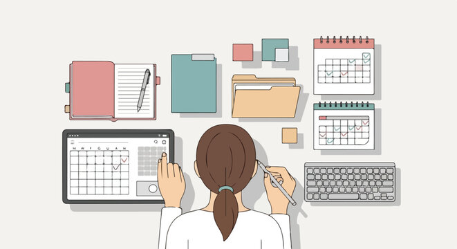 An illustration shows a woman managing her tasks using a digital tablet, physical calendars, and folders on a well-organized office desk.