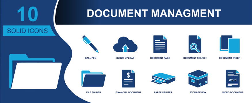 Document management icon set. Containing pen, cloud upload, page, search file, document stack, folder, invoice, printer, storage box, word document and more. Solid fill vector icons.