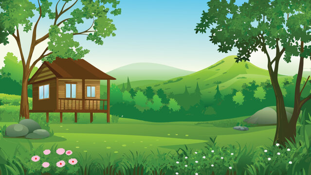 Wooden cabin in a lush green landscape vector illustration