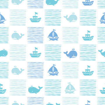 Seamless pattern with cute whales, ships and abstract stripes