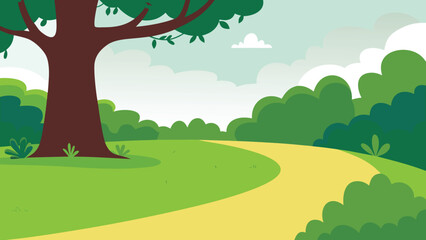 cartoon landscape with winding path and large tree © PUNNABEGUM