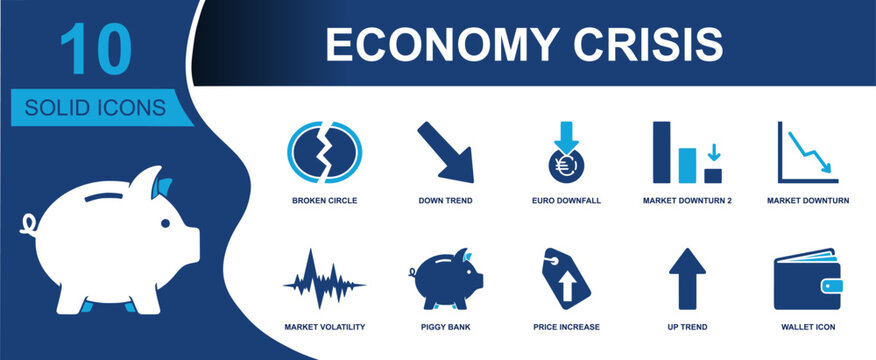 Economy crisis icon set. Containing broken circle, down trend, euro downfall, market downturn, volatility, piggy bank, price increase, up trend, wallet and more. Solid fill vector icons.