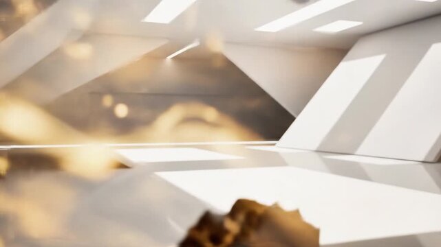 A futuristic scene divided into two contrasting sections, one with a dark background featuring glowing golden cracks and the other with a bright, white, angular room