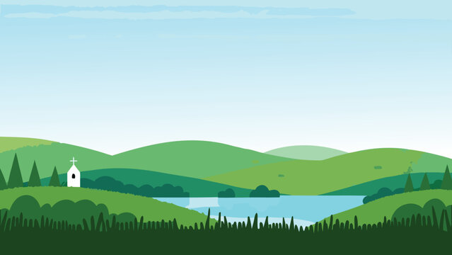 green landscape with lake and small white church