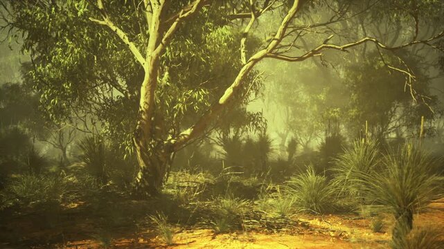 misty birch clearing with soft backlight and undergrowth, atmospheric haze lends cinematic tension, suitable for film location scouting and moody editorial