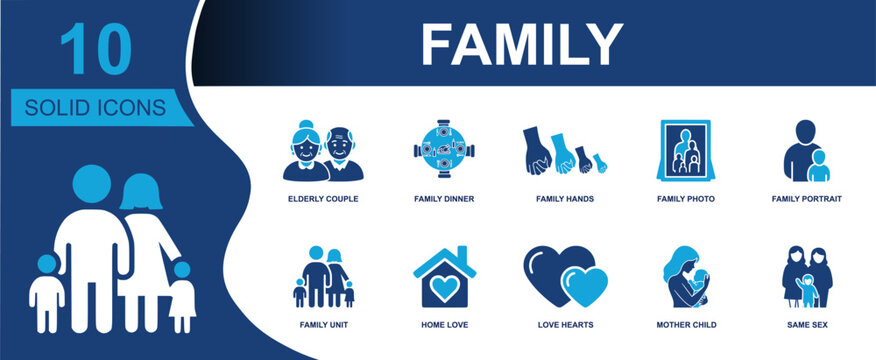 Family icon set. Containing elderly couple, family dinner, family hands, family photo, portrait, family unit, home love, love hearts, mother child and more. Solid fill vector icons.