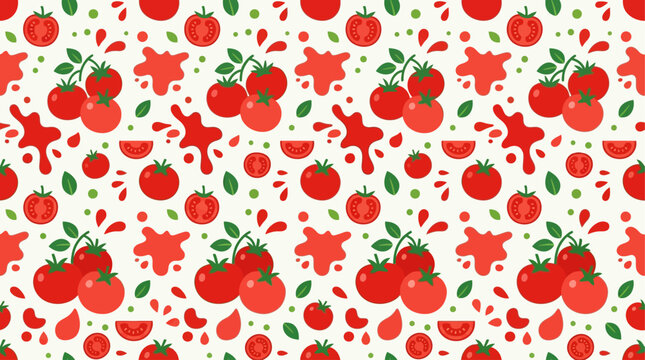 This vibrant flat design vector illustration features a seamless pattern of stylized tomatoes and abstract splashes, perfect as a background or textile print for La Tomatina-themed designs. 