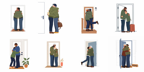 Fototapeta premium Set of eight flat vector illustrations depicting men hugging and greeting each other at the doorstep, celebrating homecomings, reunions, and heartfelt connections.