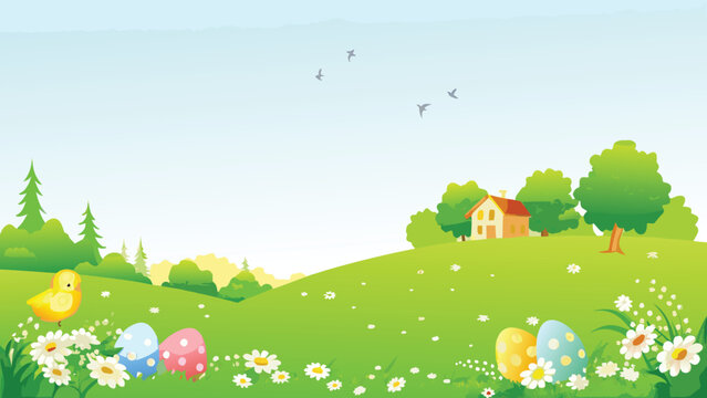cartoon spring landscape with easter eggs and a small house