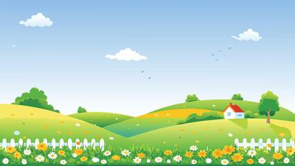 idyllic countryside landscape with rolling hills and small house © PUNNABEGUM