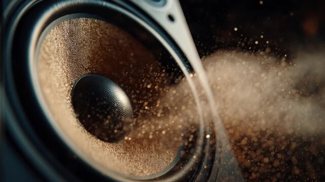 Close-up of a powerful speaker cone vibrating and moving golden dust with deep bass sound waves